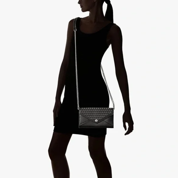 Rebecca Minkoff Crossbody Bag Studded Chain Black Leather Gold Biker Grunge Rock - Picture 14 of 16